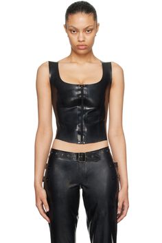 Miaou: Black Ivy Tank Top | SSENSE Black Leather Tank Top, Black Leather Sleeveless Top, Miaou Corset Top Outfit, Faux Leather Club Corset, Edgy Fitted Leather Top, Ivy, Faux Leather, Tank Tops, Black