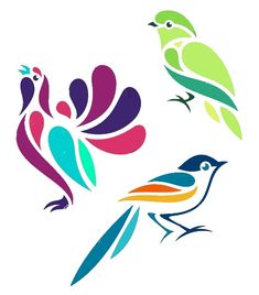 three colorful birds sitting on top of each other in front of a white background with the words shutterstock com