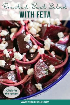 roasted beets with feta in a blue bowl