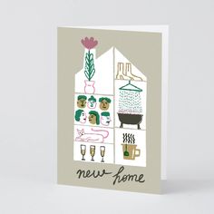 a new home card with an illustration of people in the house and wine glasses on the window sill