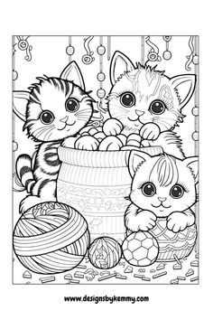 a coloring page with three kittens in a basket and balls of yarn on the ground