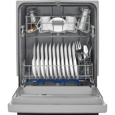 an open dishwasher with dishes in it