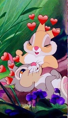 an animated image of a rabbit holding a cat with hearts on it's back