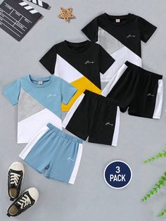 6pcs/Set Young Boy Patchwork Print T-Shirt And Matching Shorts, Casual Cute Comfortable Streetwear, Spring Summer Multicolor Casual  Short Sleeve Polyester Colorblock,Letter  Slight Stretch  Young Boys Clothing, size features are:Bust: ,Length: ,Sleeve Length: Streetwear Spring, Patchwork Print, Shorts Casual, Boys Set, Boys Clothing, Print T Shirts, Color Blocking, Print T Shirt, Casual Shorts