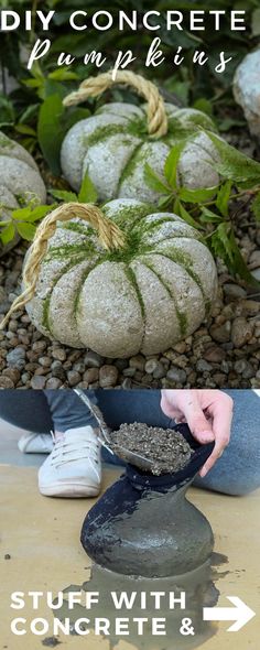 diy concrete pumpkins are being used to decorate them with concrete and grass for fall