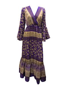 Material: 70% Silk & 30% Viscose  ( Recycled sari/saree fabric) Bust: 40'' Length: 52'' Sleeve Length: 22'' - Boho - Tiered maxi - Smock dress - Cross over neckline -Deep V-neck - Flowy - Ruffle hem - Butterfly sleeves - Abstract/paisley prints - Retro chic - Spring / Summer festival - RECYCLED SARI FABRIC RJ45 Bohemian Maxi Dress With Pallu For Festive Season, Festive Bohemian Maxi Dress With Pallu, Bohemian Maxi Dress With Pallu For Festivals, Bohemian Maxi Dress With Bandhani Print, Bohemian Bandhani Print Maxi Kurta, Bohemian Long Sleeve Kurta With Pallu, Purple Bohemian Kurta For Festive Occasions, Purple Bohemian Kurta For Festivals, Festive Bohemian Purple Dress