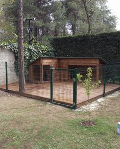 a dog house in the middle of a yard with a fence around it and trees