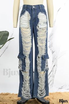 Bjux - Vaqueros rotos de cintura alta con detalles de parches - Deep Blue Street Patchwork Denim Jeans, Denim Jeans Ripped, High Waist Denim, Denim Patchwork, Jeans Online, Ripped Denim, Light Blue Denim, Patchwork Designs, Blue Denim Jeans