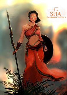 a woman dressed in red holding a spear and shield with the word sita written on it