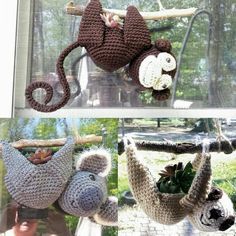 crocheted stuffed animals hanging from hooks