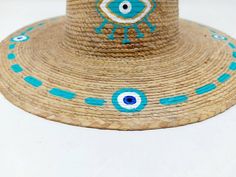 Evil Eye Hat, Bohemian Blue Straw Hat For Festivals, Blue Bohemian Straw Hat, Blue Bohemian Straw Hat For Festivals, Unique Multicolor Beach Hat, Bohemian Straw Hat For Summer Gift, Artistic Handmade Hat As Gift, Artistic Handmade Hats As Gift, Handmade Artistic Hat As Gift