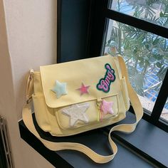 Material: canvas Size:30cm*25cm*10cm，Shoulder strap 120cm (adjustable) Shoulder/Diagonal/Portable Kawaii Shoulder Bag With Zipper For Travel, Daily Harajuku Style Shoulder Bag With Cute Design, Yellow Kawaii Travel Bag, Yellow Messenger Bag, Yellow Harajuku Bag For Daily Use, Canvas Size, Shoulder Strap, Shoulder Bag, Stars