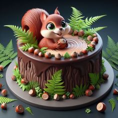 a cake decorated with leaves, nuts and a squirrel figurine sitting on top of it