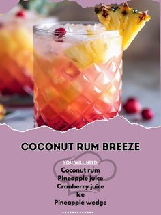 an advertisement for a cocktail with pineapple and cranberry