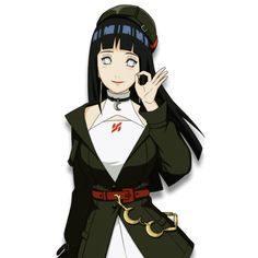 an anime character with long black hair wearing a uniform and holding her hand up in the air