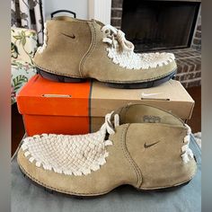 Rare Nike Considered Woven Chukka Boot With Original Canvas Carry Bag And Nike Box. Men’s Size 11, Circa 2005. New Without Tags. Very Rare Shoe! Model# 310027 221, Research This Shoe If You’re A Collector. Very Difficult To Find A Pair That Hasn’t Been Worn. I Purchased New In 2005 And They’re Just A Touch Too Narrow For My Feet. Reluctantly Selling. *Note* If You’re Wondering If These Are Actually Mine To Sell, Look At The Background Of My Photos And Compare To All My Other Listings And You Can Woven Mens Shoes, Caveman Shoes, Nike Considered, Nike Acg Shoes, Nike Box, Rare Shoes, Shoe Model, Lifestyle Board, Boho Boots