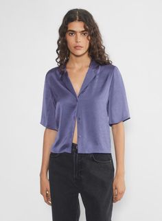 BESO SATIN SHIRT | Aritzia Satin Button Up, Glossier Look, Statement Bag, High Hips, Satin Shirt, Everyday Luxuries, Body Measurements, Crop Tank, Button Up