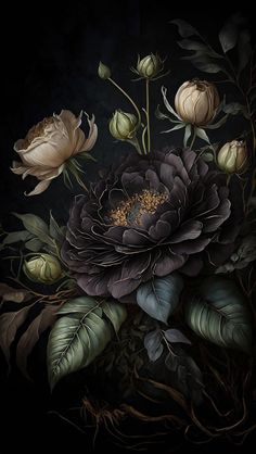 a painting of flowers and leaves on a black background