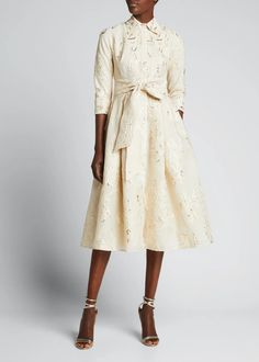 Rickie Freeman for Teri Jon Metallic Jacquard Belted Shirtdress - Bergdorf Goodman Champagne Cocktail Dress, Champagne Dress, Metallic Jacket, Teri Jon, Chiffon Overlay, Gowns With Sleeves, A Line Gown, Metallic Dress, Shirtdress