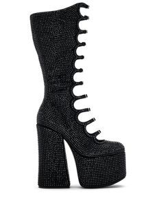 black calf leather rhinestone embellishment round toe front buckle fastening side zip fastening 160mm block heel platform sole Luxury Black Boots With Rhinestones, Glamorous Black Platform Boots For Evening, Luxury Platform Heeled Boots For Party, Glamorous High Heel Platform Boots, Luxury High Heel Platform Boots For Party, Aespa Stage Outfits, Bratz Shoes, Viking Vampire, 80s Rock Band