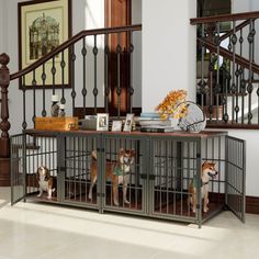 three dogs are in their kennels at the bottom of the stairs and on the floor