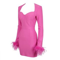 Sexy Long Sleeve Feathers Hot Pink Elegant Bandage Dress Business Dinner, Feather Dress, Plus Size Shopping, Ostrich Feathers, Dress Shapes, Barbie Dress, Pink Mini, Pink Mini Dresses, Plus Dresses