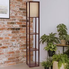 a tall wooden shelf next to a brick wall with potted plants on it and a lamp in the corner