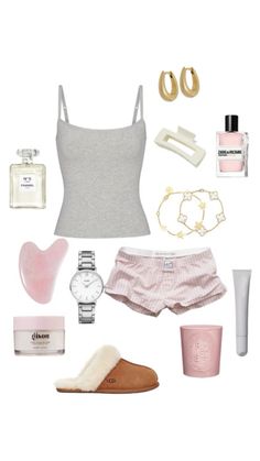 the contents of a woman's outfit including shoes, perfumes and accessories