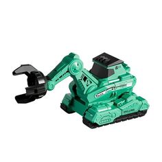 a green and black robot toy on a white background