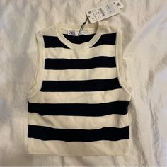 Zara Striped Sweater Tank In Size: Large New With Tags Retail = $22.90 Stripes Appears To Be Very Very Dark Navy Blue But Looks Very Close To Black To Me. Striped Sleeveless Tops For Fall, Sleeveless Striped Tops For Fall, Trendy Striped Zara Tops, Casual Zara Crop Top For Fall, Chic Zara Crop Top For Fall, Casual Striped Shirt, Zara Tank Top, Dressy Tank Tops, Layered Blouse