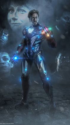 an iron man standing in front of a dark background