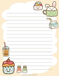 an image of lined paper with cartoon characters and food items on the bottom right hand corner