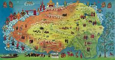 an illustrated map of the united states with people and animals on it, all in different colors