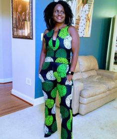 Worn once for a Photoshoot **Closeout Sale** Final Sale. No Return or Refund. This gorgeous non sleeve Ankara jumpsuit feature zipper closure in the front and side pockets. Ankara Print (Wax Print)  Non Stretch Size 6/8 Fitted Green Jumpsuit With Pockets, Fitted Green Overalls, Casual Sleeveless Jumpsuits And Rompers With Zipper, Fitted Jumpsuits And Rompers With Side Pockets For Spring, Fitted Jumpsuits With Side Pockets For Spring, Ankara Jumpsuit, Womens Jumpsuits, Ankara Print, Wax Print