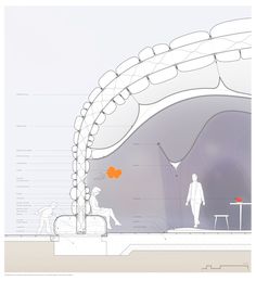 an architectural drawing shows the inside of a building with people walking and sitting around it