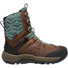 a pair of brown and blue hiking boots