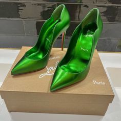 Green Metallic Leather Pumps From Christian Louboutin. The Hot Chick Pumps Is Made Of Leather, Featuring An Elegantly Pointed Toe, Curved Openings At The Side And Is Mounted On A Slim 100 Mm Stiletto Heel. Size 38. Please Know Your Louboutin Size! Comes With Original Box And Dust Cover And Poshmark Authenticity Green Pointed Toe Luxury Heels, Luxury Green Pointed Toe Heels, Luxury Green Closed Toe Heels, Green Almond Toe Heels, Designer Green Heels For Wedding, The Hot Chick, Dust Cover, Metallic Leather, Leather Pumps