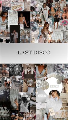 a collage of photos with the words last disco on it in white and black