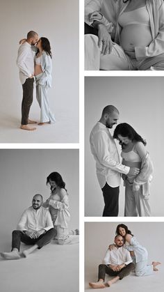 four different shots of people in white clothes and one man is kissing the woman's forehead