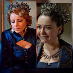 two pictures of women wearing tiaras and necklaces