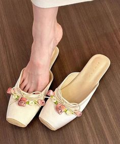 New Apricot Square Head Rose Slide SandalsMade of:-Satin Upper.-Rubber sole- cushioned insole. Square Head, Slide Sandals, Apricot, Rubber Sole, Ballet, Take That, Sandals, My Style, Square