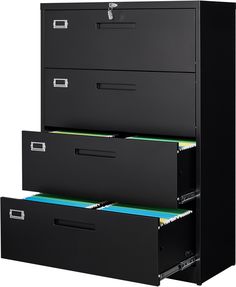 three drawer filing cabinet with file folders on top and bottom drawers in black finish