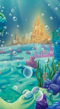 an underwater scene with bubbles and sea animals