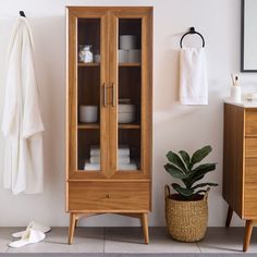 a wooden cabinet with glass doors next to a towel rack and potted plant on the floor