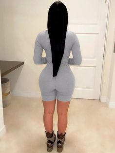 Material: 80-90% Polyester & Spandex. Features: Long sleeves. mock neck. zipper. solid color. shot pants. one-piece romper.Style: Casual. Sport Bodycon Tops, Rompers Online, Long Romper, Custom Size Dresses, Lady Grey, Long Sleeve Bodycon, Black Romper, Long Sleeve Romper, Wholesale Fashion