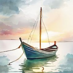 a painting of a boat on the water with clouds in the back ground and sun setting behind it