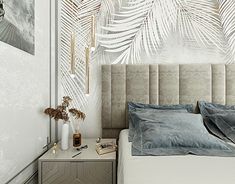 a bedroom with a bed, nightstand and painting on the wall behind it that has palm leaves