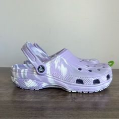 Crocs Classic Purple White Marbled Unisex Clog New With Tags Women’s Size 8 Men’s Size 6 Please Review All Pictures For Any Signs Of Defects And/Or Flaws Item Shown Is What You Are Purchasing Smoke Free Environment All Reasonable Offers Considered Even Though Most Of Our Shoes Are Sold As “New” There Is A Chance That They May Have Been Previously Tried On In Store With Dust And/Or Dirt On The Soles And Insoles There Are Also Times Where We Will Not Say “New” As We Cannot Determine If They Have O Cool Crocs, Crocs Aesthetic, Purple Crocs, White Crocs, Shoe Ideas, Women's Crocs, White Room, Crocs Shoes, Mule Clogs