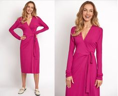 ZOE is a new fitted midi wrap dress. Made of smooth, breathable premium quality viscose. Perfectly adapts to any figure. The top has a kimono sleeve and a seam at the waist with a wider waistband. It has an envelope neckline and is loose in the bust. The bottom is simple. It is available in color intense pink. This is a perfect dress not only for everyday use but also for an evening at your favorite club. All KOLORLI products have been produced in the ZERO WASTE process in Poland. Our model Sofi Fitted Pink Midi Dress With Tie Waist, Pink Fitted Midi Dress With Tie Waist, Fitted Pink Wrap Dress With Tie Waist, Pink Fitted Wrap Dress With Tie Waist, Fitted Pink Maxi Length Wrap Dress, Pink Wrap Dress With Tie Waist And Surplice Neckline, Pink Wrap Dress With Tie Waist, Pink Knee-length Tie Waist Midi Dress, Pink Elegant Midi Wrap Dress