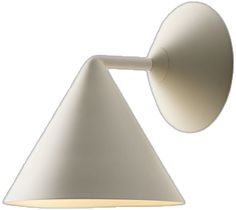 a white wall light with a cone shade on the top and bottom of it's arm